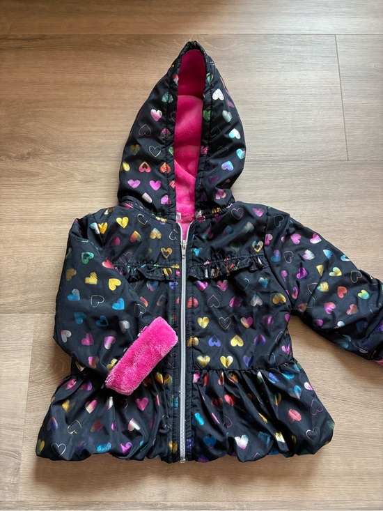 Penelope Mack Other - 🌈 Kids Puffer Jacket Rainbow Heart Print Hooded with Pink Fleece- size 24M